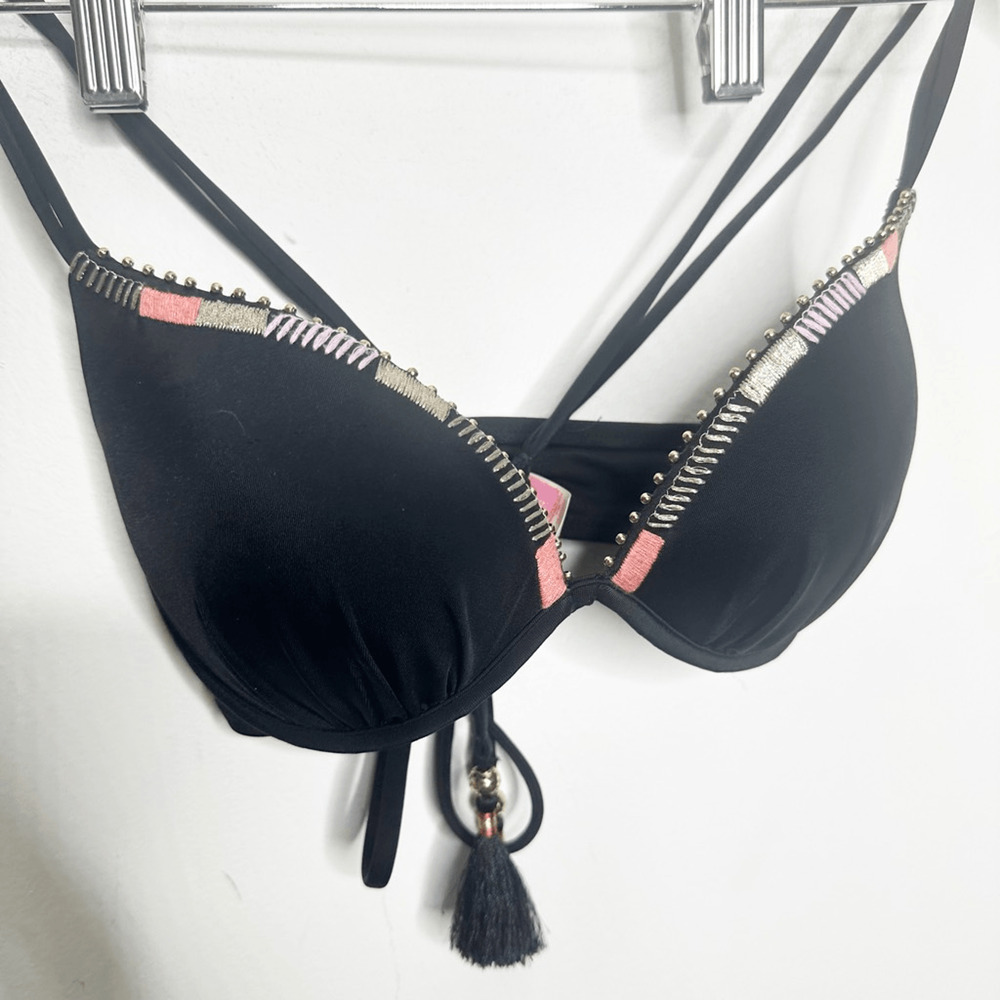 Y2K 00s VICTORIA'S SECRET THE GORGEOUS Push Up Bikini Tassel Black Underwire 34B - Picture 3 of 6